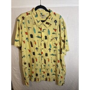 Joe Marlin Comfort Fit Yellow‎ Tiki Coctails Print Button Down Front Shirt XXL